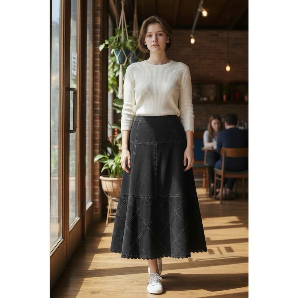 SMH Patchwork Genuine Suede skirt cowgirl country Long Maxi Skirt PLUS size 24W